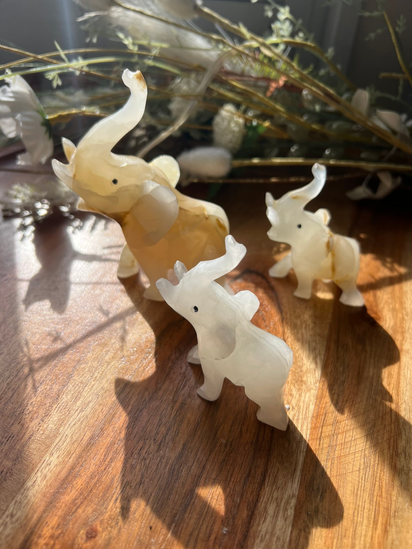 White Calcite Elephant Set